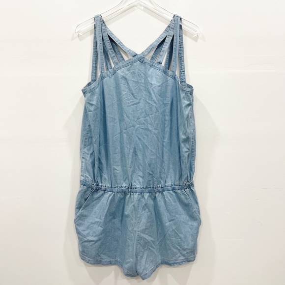 Fabletics Liza Romper Blue Chambray Stretch Woven Strappy Back Zip XL New - Picture 3 of 10